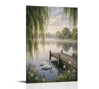 Impressionism Serene Swan Lake Landscape Wall Art | Features Willow Branches Old Wooden Dock Irises Misty Sunrise Lake View Ideal for Living Room Bedroom Cottage 45L x 30W cm