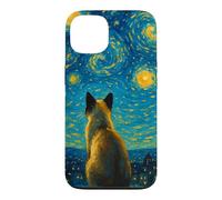 Impressionist Blue Yellow Midnight Sky Swirl Siamese Cat Case for iPhone 13