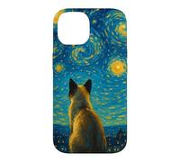 Impressionist Blue Yellow Midnight Sky Swirl Siamese Cat Case for iPhone 14