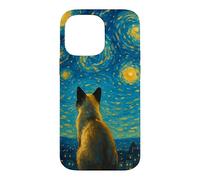 Impressionist Blue Yellow Midnight Sky Swirl Siamese Cat Case for iPhone 14 Pro Max