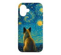 Impressionist Blue Yellow Midnight Sky Swirl Siamese Cat Case for iPhone 16