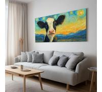 Impressionist Canvas Painting Wall Art Prints, Black White Animal Cow Starry Night Sky Wall Canvas Poster Pictures for Living Room Bedroom Office Home Decoration 140 x 70 cm Frameless