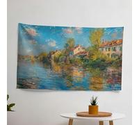 Impressionist Claude Monet River Village Wall Tapestry - 100% Cotton Back, Polyester Front, Vibrant Colors, Light Fabric - Bedroom, Living Room, Dorm Decor