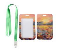 Impressionist Lily Pond Sunset Oil ID Card Holder with Green Lanyard, ID Badge Holders, Vertical Cards Protector for Staff, Vertical Cards Protector for Doctor, Teacher Stuff Paramedic Accessories