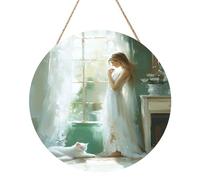 Impressionist Woman Cat Tall Window Wooden Welcome Sign For Front Door,30cm Round Hanging Wall Sign Plaque Farmhouse Decorations