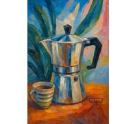 Impressionistic Still Life Of Moka Pot And Coffee Cup - A4 Retro Culinary Poster Wall Art Home Decor Featuring Delicious Meals Coffee and Rustic Kitchen Interiors for Food Lovers and Chefs