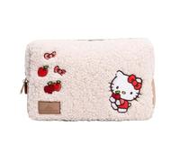 Impressions Vanity Hello Kitty Harvest Cosmetic Pouch for Purse, Travel Makeup Bag Organizer with Outer Slip Pocket, Hello Kitty Apple Artwork, Faux Sherpa, Embroidered Cursive Signature