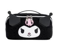 Impressions Vanity Hello Kitty Unfold Travel Makeup Bag Organizer, Opens Flat Zippered Cosmetic Bag with Cozy Sherpa Fabric Texture, Dual Compartments, Inner Pockets, Top Carrying Handle, Black