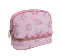 Impressions Vanity My Melody Double Layer Makeup Bag with Top and Bottom Zippered Compartments, My Melody Print Artwork Makeup Organizer with Faux Saffiano Leather, Inner Slip Pocket and Gold Hardware