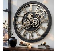 ImprovingLife 24'' Inch Real Moving Gear Wall Clock Vintage Industrial Oversized Rustic Farmhouse (Vintage Black Wood and Bronze)