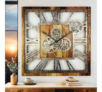 ImprovingLife The Gears Clock 24 in Square Wall Clock with Real Moving Gears - Vintage Industrial Oversized Rustic Farmhouse Style (Vintage Brown)