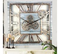ImprovingLife The Gears Clock 24'' Inch Square Real Moving Gear Wall Clock Vintage Industrial Oversized Rustic Farmhouse (Silver Grey)