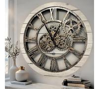ImprovingLife The Gears Clock The Original Real Moving Gear Vintage Industrial Oversized Rustic Farmhouse Wall Clock (60cm, Farmhouse White)