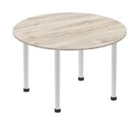 Impulse 1000mm Round Table Grey Oak Top Brushed Aluminium Post Leg