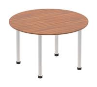 Impulse 1000mm Round Table Walnut Top Brushed Aluminium Post Leg