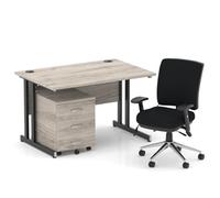 Impulse 1200mm Straight Office Desk Grey Oak Top Black Cantilever Leg with 3 Drawer Mobile Pedestal and Chiro Medium Back Black
