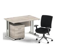 Impulse 1200mm Straight Office Desk Grey Oak Top Silver Cantilever Leg with 2 Drawer Mobile Pedestal and Chiro Medium Back Black