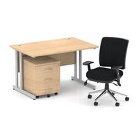 Impulse 1200mm Straight Office Desk Maple Top Silver Cantilever Leg with 3 Drawer Mobile Pedestal and Chiro Medium Back Black
