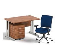 Impulse 1200mm Straight Office Desk Walnut Top Silver Cantilever Leg with 2 Drawer Mobile Pedestal and Chiro Medium Back Blue