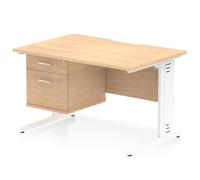 Impulse 1200 x 800mm Scalloped Edge Straight Office Desk Maple Top White Cable Managed Leg Workstation 1 x 2 Drawer Fixed Pedestal
