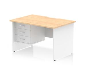 Impulse 1200 x 800mm Scalloped Edge Straight Office Desk Maple Top White Panel End Leg Workstation 1 x 3 Drawer Fixed Pedestal