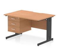 Impulse 1200 x 800mm Scalloped Edge Straight Office Desk Oak Top Black Cable Managed Leg Workstation 1 x 3 Drawer Fixed Pedestal