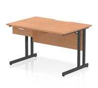 Impulse 1200 x 800mm Scalloped Edge Straight Office Desk Oak Top Black Cantilever Leg Workstation 1 x 1 Drawer Fixed Pedestal