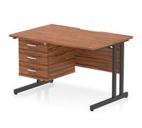 Impulse 1200 x 800mm Scalloped Edge Straight Office Desk Walnut Top Black Cantilever Leg Workstation 1 x 3 Drawer Fixed Pedestal