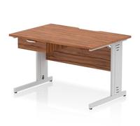 Impulse 1200 x 800mm Scalloped Edge Straight Office Desk Walnut Top Silver Cable Managed Leg Workstation 1 x 1 Drawer Fixed Pedestal