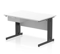 Impulse 1200 x 800mm Scalloped Edge Straight Office Desk White Top Black Cable Managed Leg Workstation 1 x 1 Drawer Fixed Pedestal