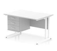 Impulse 1200 x 800mm Scalloped Edge Straight Office Desk White Top White Cantilever Leg Workstation 1 x 3 Drawer Fixed Pedestal