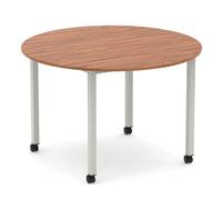 Impulse 1200mm Round Table Walnut Top Silver Box Frame Leg with Castors