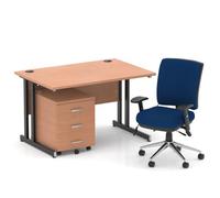 Impulse 1200mm Straight Office Desk Beech Top Black Cantilever Leg with 3 Drawer Mobile Pedestal and Chiro Medium Back Blue