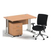 Impulse 1200mm Straight Office Desk Oak Top Silver Cantilever Leg with 2 Drawer Mobile Pedestal and Chiro Medium Back Black