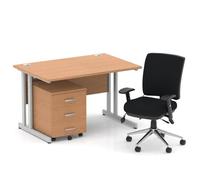 Impulse 1200mm Straight Office Desk Oak Top Silver Cantilever Leg with 3 Drawer Mobile Pedestal and Chiro Medium Back Black