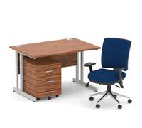 Impulse 1200mm Straight Office Desk Walnut Top Silver Cantilever Leg with 3 Drawer Mobile Pedestal and Chiro Medium Back Blue