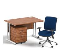 Impulse 1200mm Straight Office Desk Walnut Top White Cantilever Leg with 2 Drawer Mobile Pedestal and Chiro Medium Back Blue
