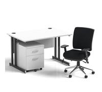 Impulse 1200mm Straight Office Desk White Top Black Cantilever Leg with 2 Drawer Mobile Pedestal and Chiro Medium Back Black