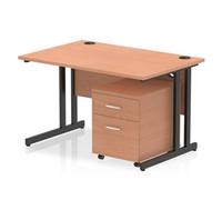 Impulse 1200 x 800mm Straight Office Desk Beech Top Black Cantilever Leg Workstation 2 Drawer Mobile Pedestal