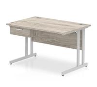 Impulse 1200x800 Desk Grey Oak/Silver Cantilever 1x1 Drawer Fixed Ped