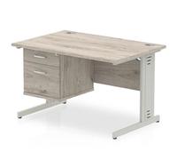 Impulse 1200x800 Desk Grey Oak Silver Leg + Drawer Fixed Pedestal