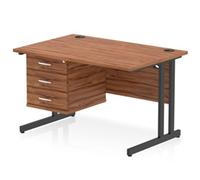 Impulse 1200x800 Desk Walnut/Black Cantilever Leg 1x3 Drawer Fixed Ped
