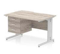 Impulse 1200 x 800mm Scalloped Edge Straight Office Desk Grey Oak Top Silver Cable Managed Leg Workstation 1 x 3 Drawer Fixed Pedestal