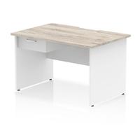 Impulse 1200 x 800mm Scalloped Edge Straight Office Desk Grey Oak Top White Panel End Leg Workstation 1 x 1 Drawer Fixed Pedestal