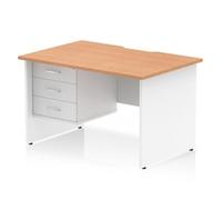 Impulse 1200 x 800mm Scalloped Edge Straight Office Desk Oak Top White Panel End Leg Workstation 1 x 3 Drawer Fixed Pedestal