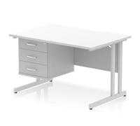 Impulse 1200 x 800mm Scalloped Edge Straight Office Desk White Top Silver Cantilever Leg Workstation 1 x 3 Drawer Fixed Pedestal