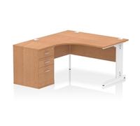 Impulse Bench 1400mm Left Crescent Office Desk Oak Top White Cable Managed Leg W