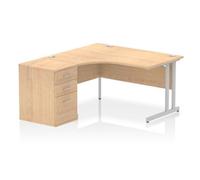 Impulse Bench 1400mm Left Crescent Office Desk Maple Top Silver Cantilever Leg W