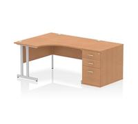 Impulse 1400mm Left Crescent Office Desk Oak Top Silver Cantilever Leg Workstation 800 Deep Desk High Pedestal