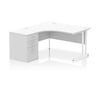 Impulse 1400mm Left Crescent Office Desk White Top White Cantilever Leg Workstation 600 Deep Desk High Pedestal